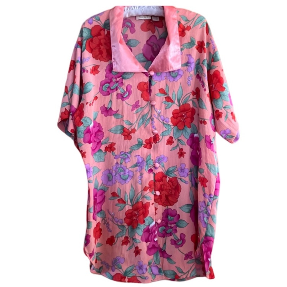 Victoria’s Secret S Vintage Peach Red Fuchsia Purple Floral Pajama Shirt